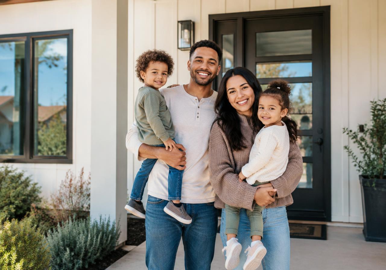 Family in front of their new home
