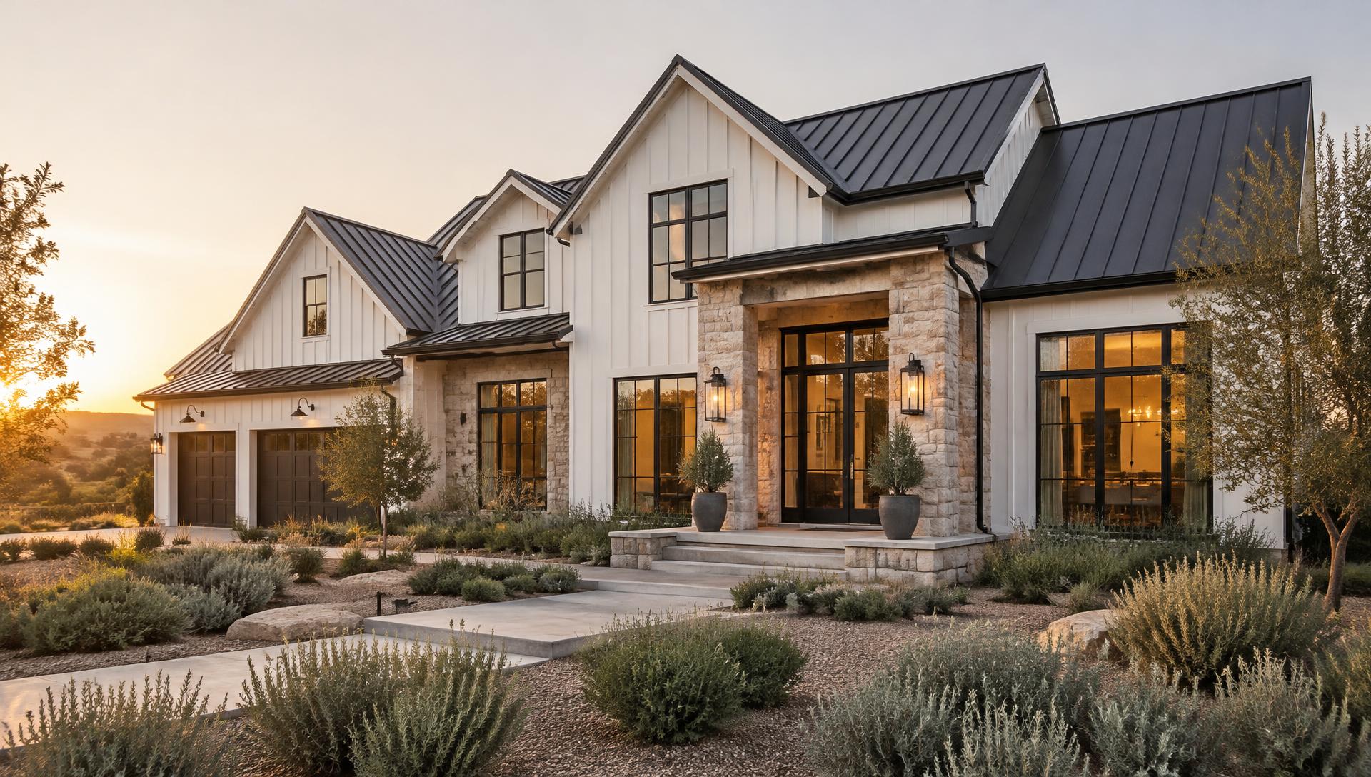 Modern farmhouse new construction home at sunset